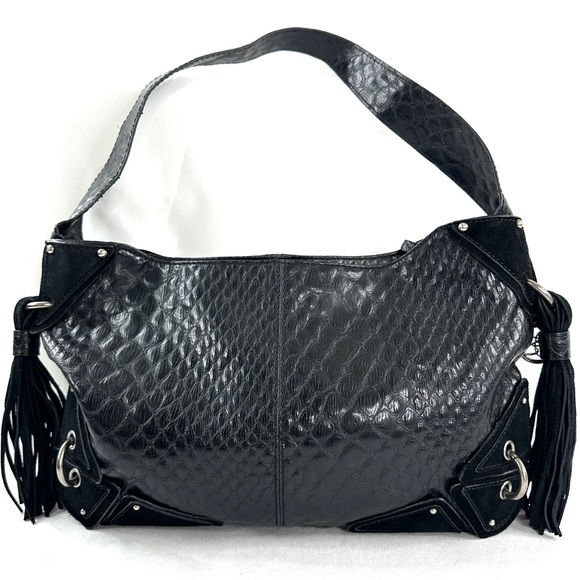 Jessica Simpson Black PVC East West Medium Shoulder Bag Leather Trim Tassels - Picture 3 of 10